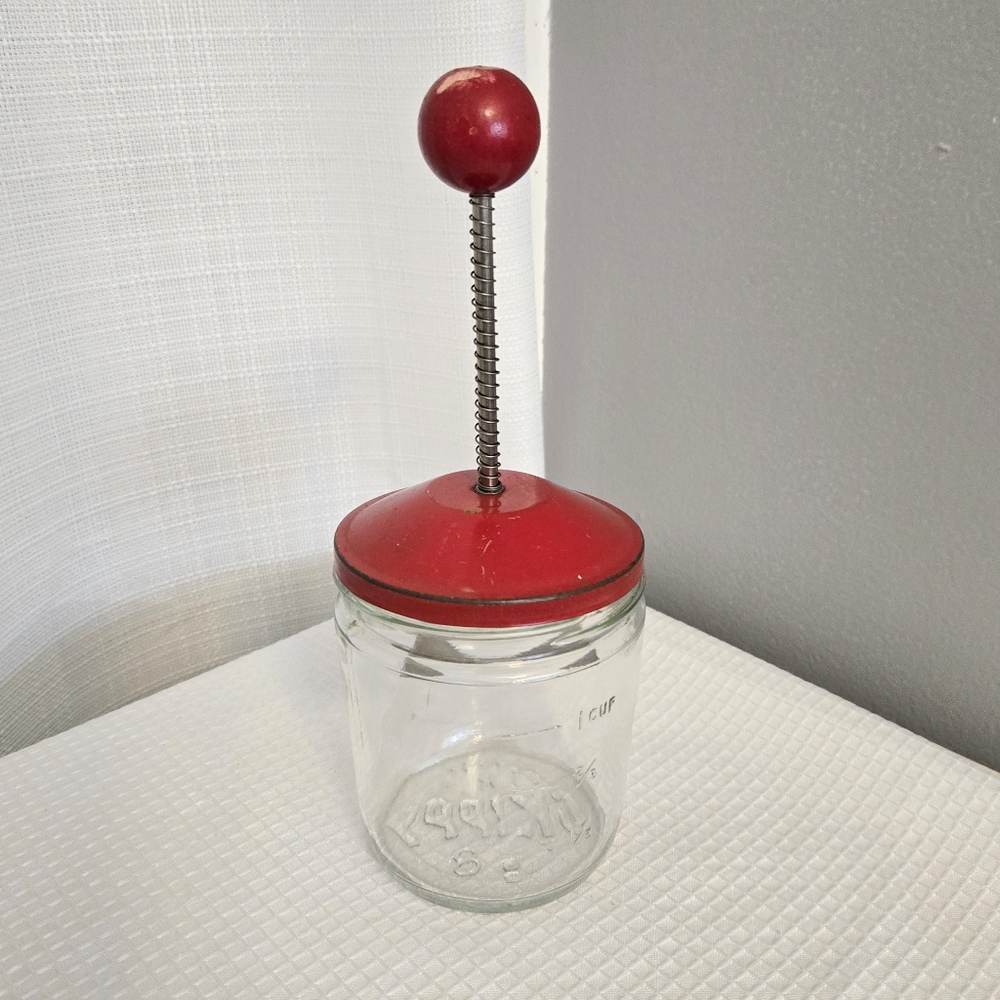 Vtg Nut Chopper Skippy Glass Jar Spring Loaded Wood Knob Embossed Measurements
